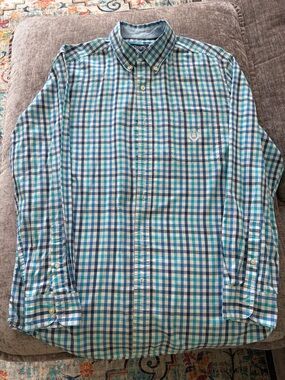 Chaps Blue Teal & White Gingham Button-Down Shirt